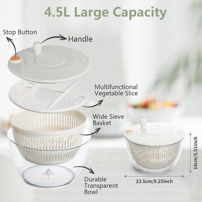 Салатниця-швидкообертач Cozary 4.5L 7-в-1: миття, сушіння, нарізка овочів та фруктів