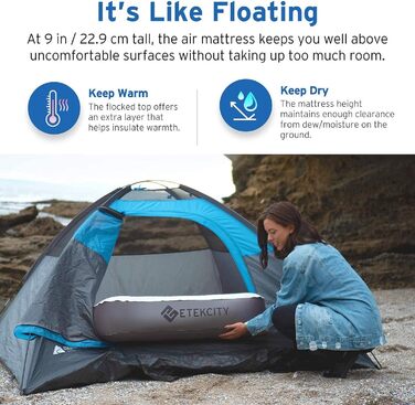 Надувне ліжко ETEKCITY EAM-ET2 для 1 особи - односпальне надувне ліжко для кемпінгу та відпочинку на природі (203 x 152 x 46 см, біле)