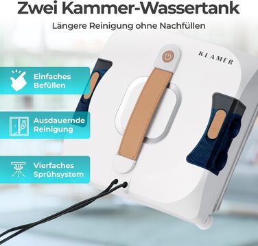 Робот-прибиральник вікон KLAMER 3500 Pa – автоматичний мийник вікон з резервуаром 100 мл, функцією вологого прибирання, розпізнаванням країв, тихий (60 дБ), захист від падіння та смарт-планування. Білий