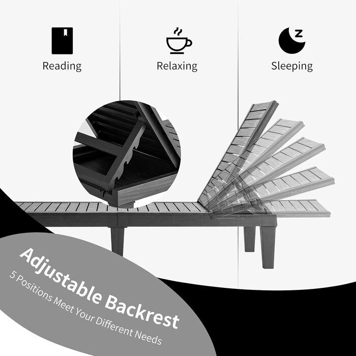 Лежак для відпочинку Giantex для саду та тераси, чорний, з регульованою спинкою, 190x57,5x29 см, до 180 кг