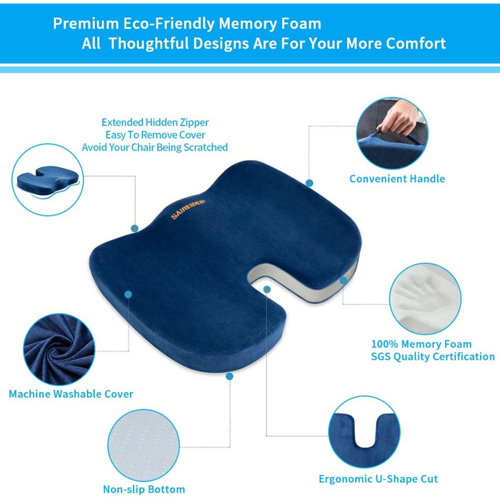 Подушка для офісного крісла Saireider, Memory Foam, для болю в куприку, для автомобіля, для ішіасу, підтримка правильної постави (Темно-синій)