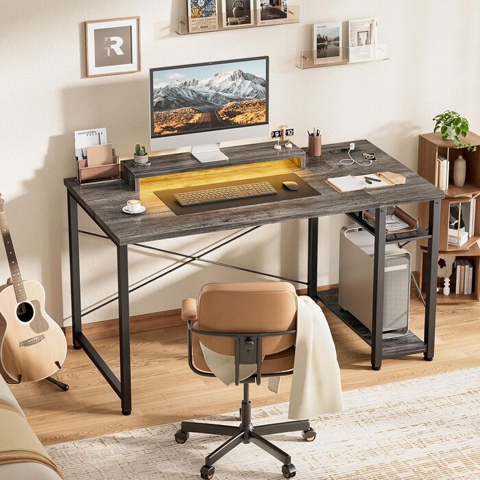 Ігровий стіл з LED підсвічуванням та розетками, стіл для комп'ютера з USB, стіл для ігор з підставкою для монітора, сучасний офісний/студентський стіл для офісу та ігрової кімнати (грабовий дуб)