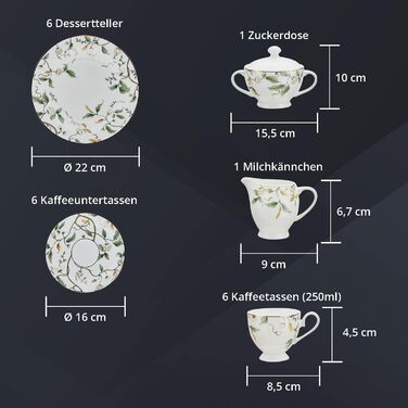 Кавовий сервіс на 6 осіб з Bon China порцеляни: 20-ти частинний набір посуду, білий з квітковим візерунком (6 тарілок, 6 чашок, 6 підставок)