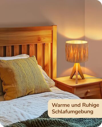 EDISHINE Настільна лампа з ручним плетінням, тепле світло 2700K, дерев'яний штатив, Boho стиль, для спальні, вітальні, готелю, з LED лампою E27 4W, абажур з ротангового паперу