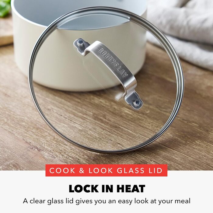 Набір сковорідок GreenPan x Bobby Flay: 20.3 см та 25.4 см, з антипригарним покриттям, без PFAS, з алмазної кераміки, для індукційних плит, з силіконовою ручкою, легко миються, сумісні з посудомийною машиною. Також входить каструля 1.67 л з кришкою, кремо