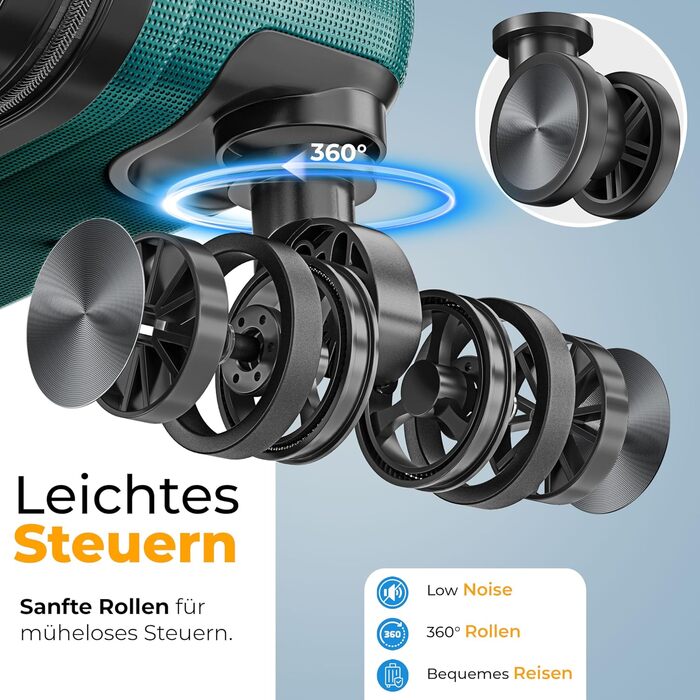 Набір валіз KESSER з 4 предметів, жорсткий корпус ABS, кодовий замок, ваги для багажу та дорожня сумка, колеса 360°, колір Petrol