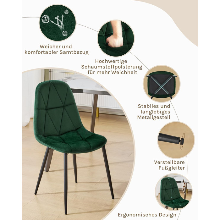 Набір обідніх стільців Lestarain (4 шт.) з підлокотниками, для кухні, вітальні, обідньої кімнати. М'які стільці з оксамитовим покриттям, металевий каркас, ергономічний дизайн, темно-зелений колір