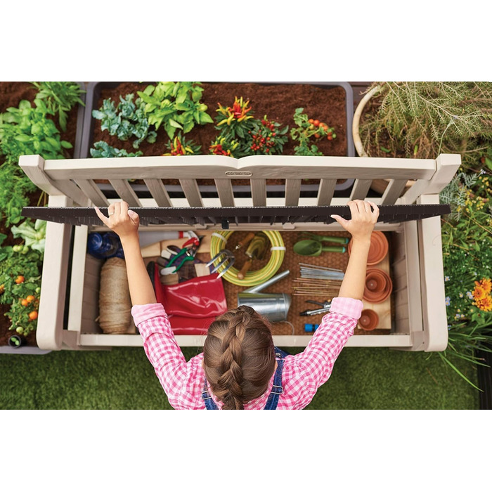 Стілець-лавка Keter Eden для балкона та саду, садовий стілець з вбудованою коробкою для зберігання з об'ємом 265 л, 140x60x84 см, вологостійкий, легкий у догляді, бежевий, для вулиці, з імітацією дерева