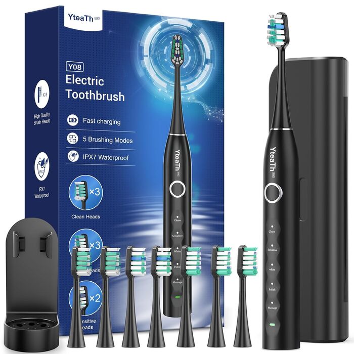Електрична зубна щітка зі звуковими вібраціями, 8 насадок, 5 режимів, таймер, акумулятор 120 днів, для дорослих, чорний колір, заряджна станція