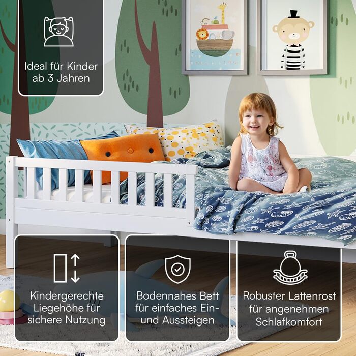 Ліжко дитяче Bellabino Vils 90x200 см – ліжко для малюків з бортиками та ламелями – ліжко Монтессорі з масиву сосни – біле для хлопчиків та дівчаток з місцем для зберігання (без ящика)