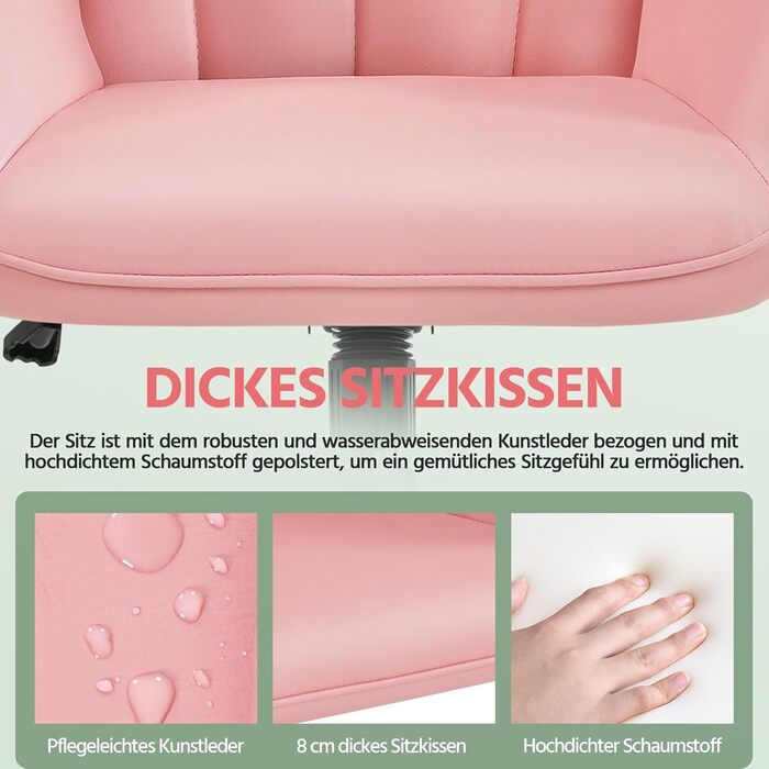 Крісло офісне Yaheetech ергономічне, з регулюванням висоти, з підлокітниками, на роликах, до 136 кг, біле (рожеве)