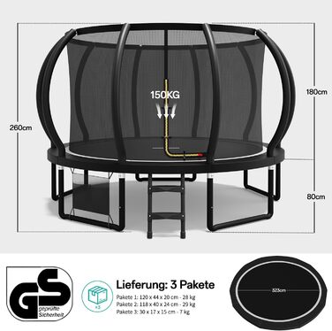 Батут садовий Flamaker Ø366см з захисною сіткою, сталевий каркас, до 150кг, для дітей та дорослих, чорний