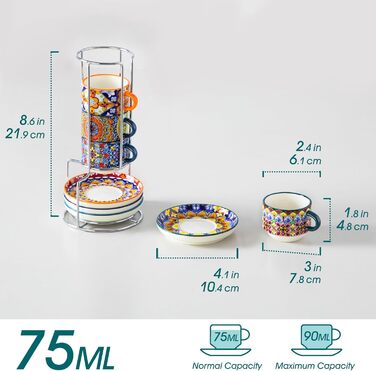 Набір чашок для еспресо Vancasso 4 шт., 150 мл SIMI з підставками та стійкою, керамічні чашки для еспресо, капучино, лате, мокко