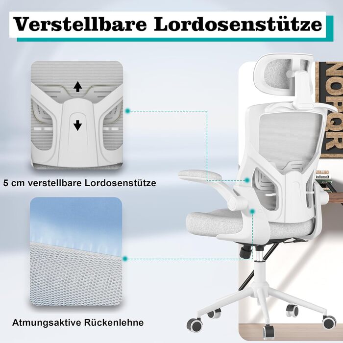 Ергономічне крісло для офісу з регульованою підголівником та поперековою підтримкою – високе офісне крісло з сітчастою спинкою та м'яким сидінням, вішалка для одягу та функцією блокування (білий та сірий)