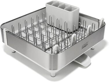 Сушарка для посуду Joseph Joseph Extend з нержавіючої сталі, висувна, компактна, з підставкою для столових приборів та поворотним зливом (Plus, Light Stone)