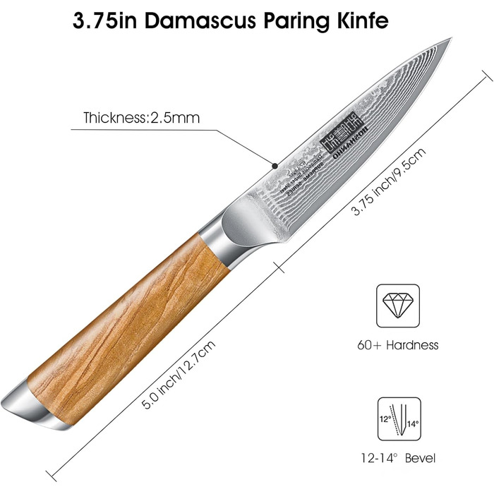 Японський ніж HOSHANHO з дамаської сталі 20 см, 67 шарів, кухонний ніж для приготування їжі, гострий, з ергономічною ручкою оливкового кольору (9.5 см), ніж для очищення