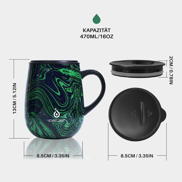 Кружка для кави та чаю Ideus 470 мл з подвійними стінками, нержавіюча сталь, з нековзним ручним тримачем та кришкою-модулем, великий об'єм (Трав'яний зелений)