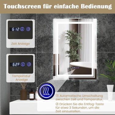 Дзеркало GOPLUS з підсвічуванням для ванної кімнати та вітальні з 3 кольорами світла, антизапарююче покриття, годинник, температура та функція пам'яті, модель 1