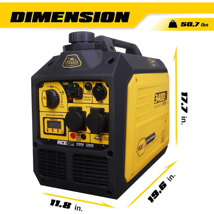 Бензиновий інверторний генератор Aceup 3400W: тихий, портативний, для дому, кемпінгу, 230V, 12V, USB, 4-тактний, 23кг