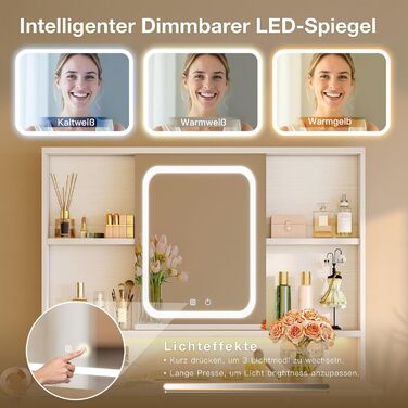 Дзеркальний туалетний столик ODK з регульованим LED-дзеркалом, USB-роз'ємами та RGB-підсвіткою, 5 висувними ящиками та 3 полицями, білий, 90×40×139 см