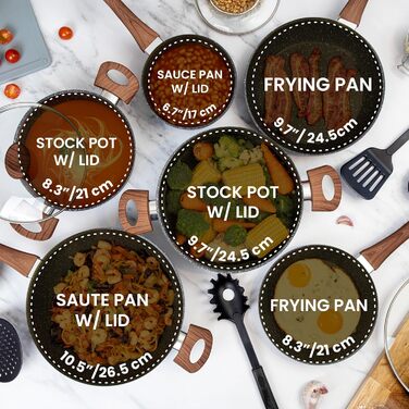 Набір каструль та сковорідок з антипригарним покриттям Nuovva - 15 предметів, з кришками, для індукційних плит, з гранітним покриттям