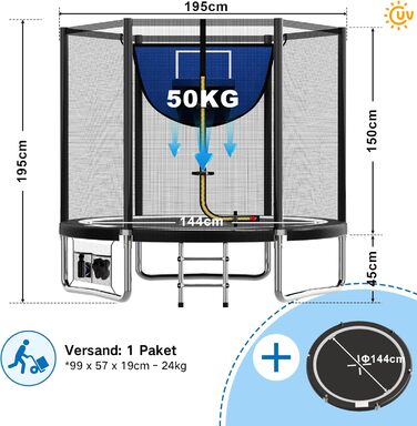 Батут Devoko вуличний Ø183/228/305/366/427 см, сертифікат GS, дитячий батут для саду з сіткою, драбиною та захисним покриттям (183 см, чорно-синій)