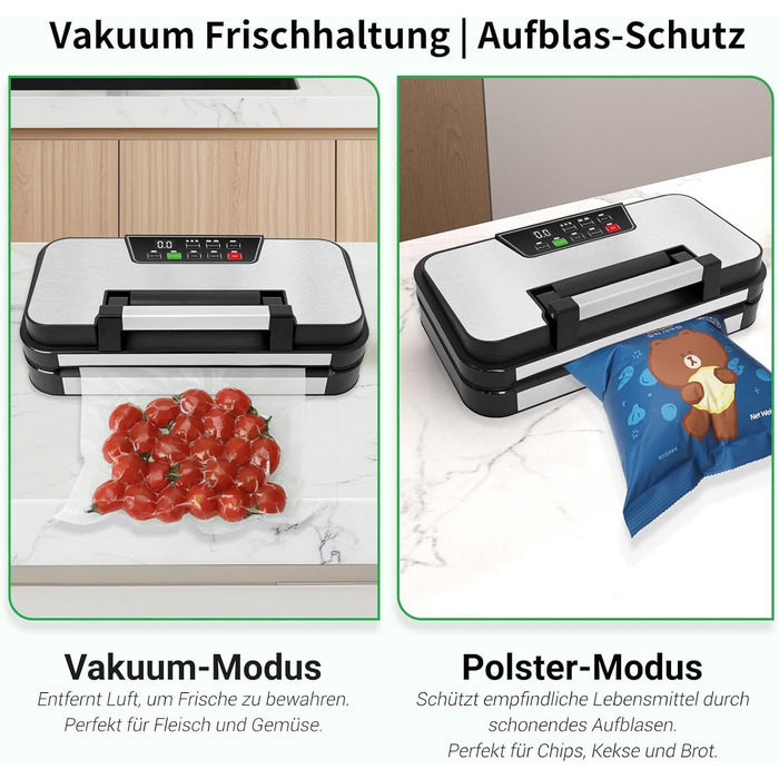 Вакууматор 10-в-1 для продуктів 95 кПа, вакуумний пакувальник з подвійною термозаваркою, вбудованим ножем та відсіком для пакетів, сталевий корпус, комплект з 2 рулонами