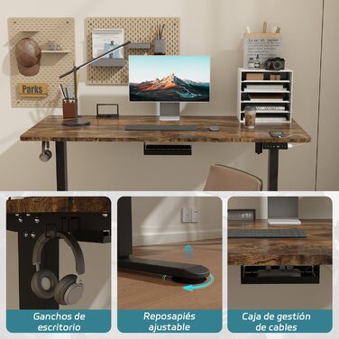 Регульований за висотою стіл Airfish з USB-роз'ємом, електричний стіл з підставкою для кабелів, комп'ютерний стіл, офісний стіл, столик для стояння з нагадуванням про сидячу роботу, 120 x 70 см, вінтажний коричневий