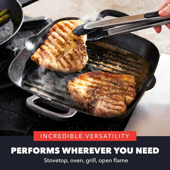 GreenPan x Bobby Flay сковорода-гриль з чавуну, квадратна, 27.9 см, попередньо обпалена, професійна якість, міцна, з ручками, сумісна з індукцією, для плити, духовки, гриля та вогню, для квадратних грилів 28 см, чорна