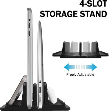 Вертикальна підставка для ноутбука Metal з 4 відсіками, регульована, для MacBook, HP, Chromebook (до 44.5 см) – чорний