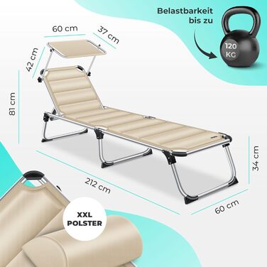 Кесер® Розкішна сонцезахисна лежанка Sun з дахом для саду, розкладний лежак, регульована спинка, ергономічний м'який матеріал, алюмінієвий каркас, портативна, для відпочинку, бежевий колір