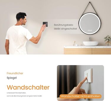 Круглий дзеркало для ванної кімнати EMKE з підсвічуванням 50 см, 3 кольори, регулювання яскравості, антизапар, пам'ять, сенсорне управління, таймер 3 години, енергозберігаючий