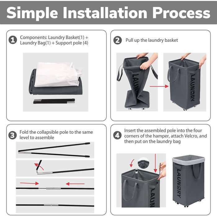 Кошик для білизни на колесах Goodpick 75L з знімним мішком для прання, сірий