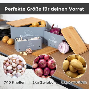 Набір контейнерів для зберігання овочів на кухні 3 шт. – для картоплі, цибулі та часнику з бамбуковими кришками – Набір для зберігання картоплі, цибулі та часнику сірого кольору