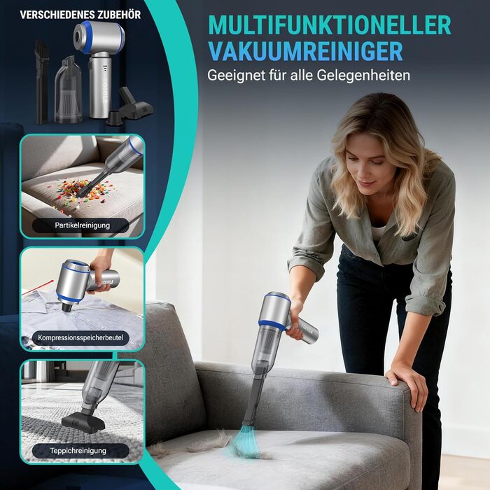 Акумуляторний ручний пилосмок Yomile 4 в 1, безщітковий двигун 25000Па, 3 рівні потужності для авто, дому, офісу та шерсті тварин