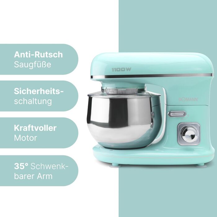 Кухонна машина Bomann 1100 Вт | Міксер для тіста 5л | З крюками для тіста, віночком та ножем для тіста | для 3 кг тіста | Міцне спеціальне редукторне передавання | Кухонний комбайн | Тестоміс KM 6030 CB (М'ятно-зелений)