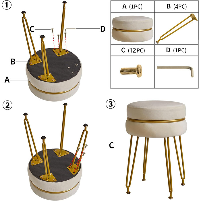 Сучасний оксамитовий пуф з круглим підніжжям IBUYKE, стільчик для макіяжу, пуф з золотими ніжками, декоративний пуф для спальні, вітальні, передпокою, білий L/G-40M з декором кремово-білий