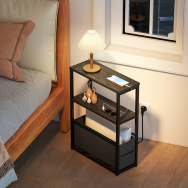 Приставний столик-журнальний столик з розеткою, полицею для зберігання, ідеальний для невеликих приміщень, розміри 45x18x60,2 см, колір чорний