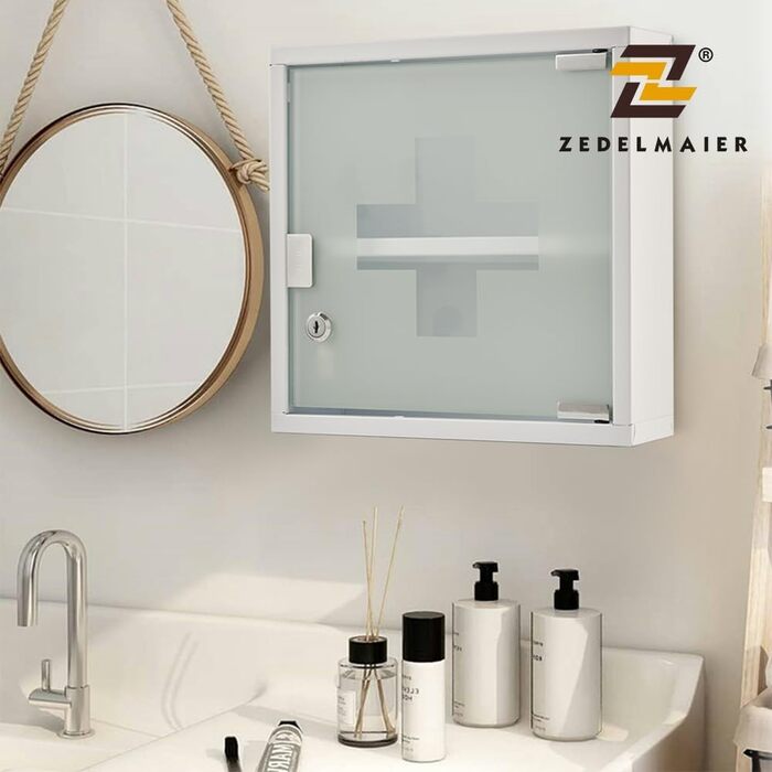 Медичний шафка Zedelmaier з нержавіючої сталі, 4 відділення, аптечний шафка, для ванної кімнати, навісний, з замком, 57 x 27 x 12 см, білий