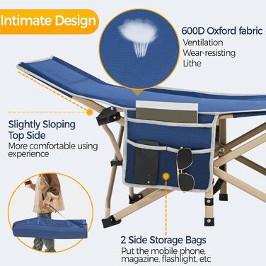 Розкладне кемпінгове ліжко Yaheetech для відпочинку та риболовлі, темно-синє, витримує до 150 кг, з кишенею та сумкою для транспортування