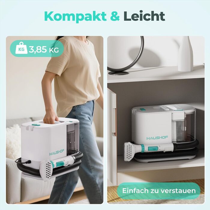 Портативний мийний пилосос для килимів та м'яких меблів HAUSHOF, 13 kPa, 2-в-1, тихий (≤77 dB)