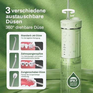 Портативний електричний іригатор для зубів JTF Munddusche Mini (зелений): 4 режими, 5 насадок, 230 мл, водонепроникний IPX7