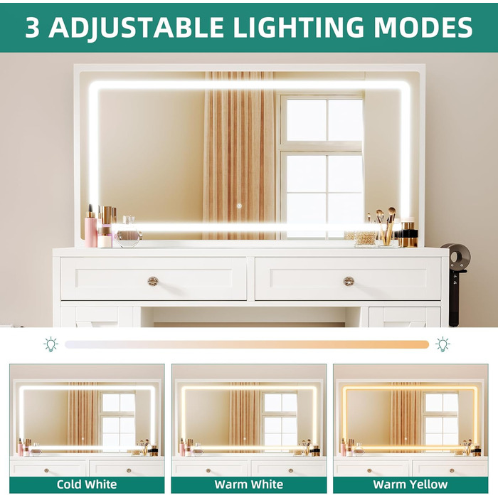 Туалетний столик YITAHOME з LED-дзеркалом, регульоване 3-кольорове освітлення, скляна стільниця, вбудована розетка, для спальні, 115 x 40 x 134 см, білий