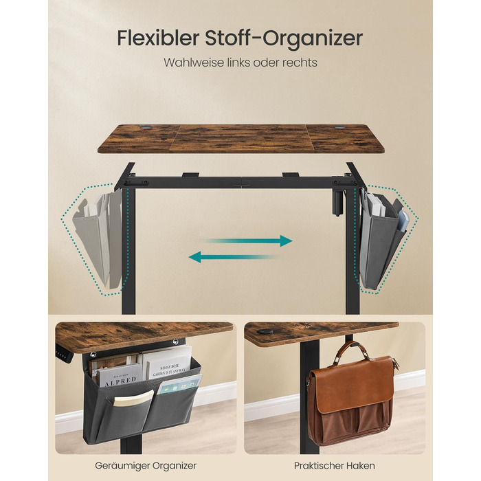 SONGMICS Електричний стіл для роботи, 120x60 см, регулювання висоти, пам'ять на 4 положення, для офісу, вінтажний коричневий, LSD132K01