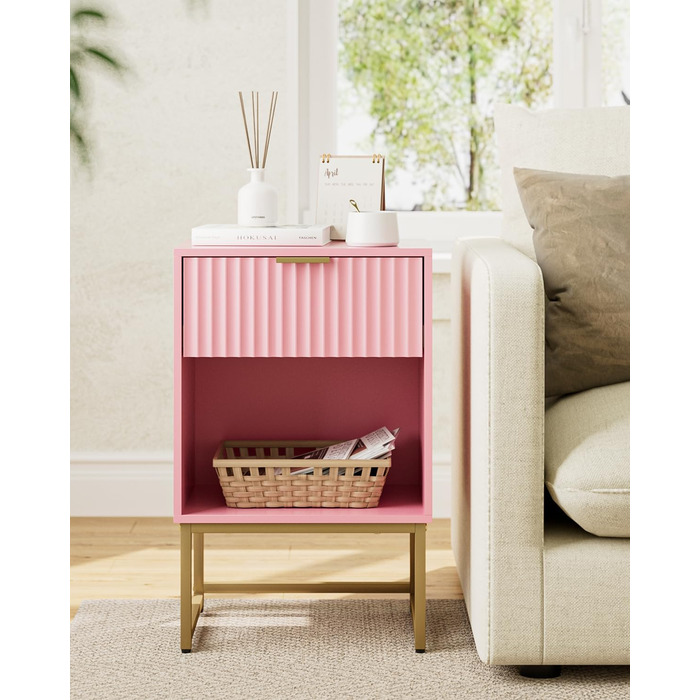 Приліжкова тумбочка з відкритим відсіком, журнальний столик для вітальні та спальні (горіх), 40 x 30 x 60 см, рожеве фетрове покриття