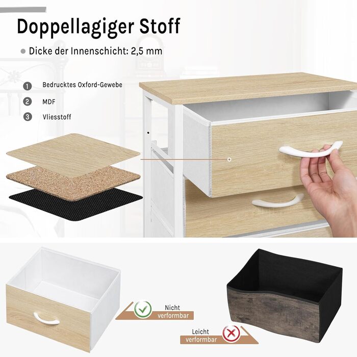 Комод WOLTU з 5 висувними ящиками з тканини, шафа-комод, тумбочка, для спальні, вітальні, передпокою, з металевим каркасом та ДСП, світлий дуб + білий, SSK004whe