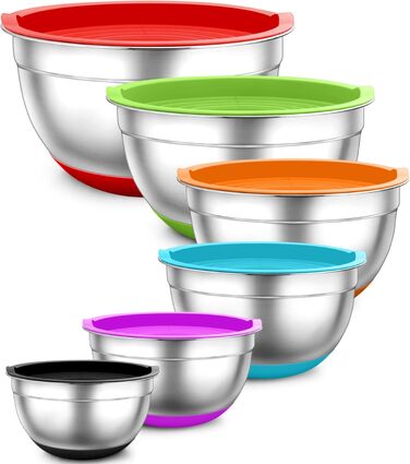 Набір салатниць TEAMFAR 6 шт. з нержавіючої сталі з кришками та силіконовими ніжками, 0.7L/1.5L/1.6L/2.5L/2.8L/4.6L