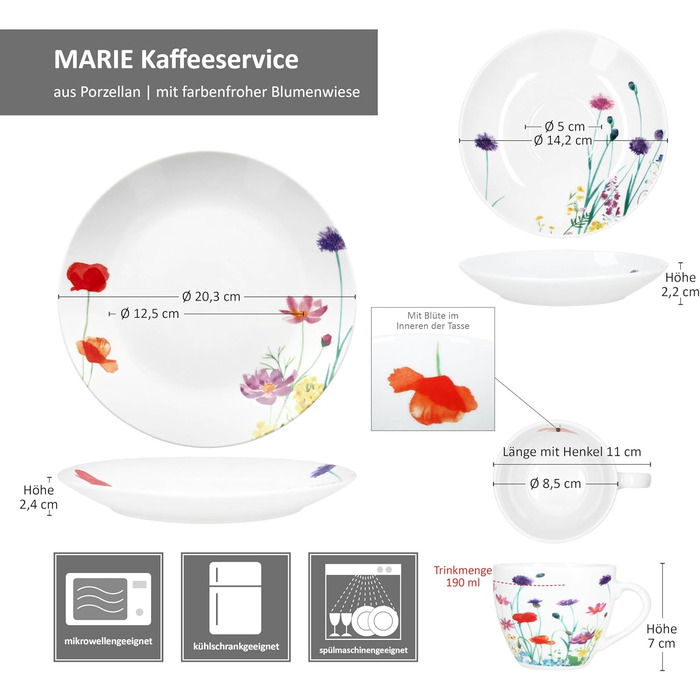 MamboCat Marie - 18-Piece Coffee Set | Porcelain Dinnerware with Floral Decor for 6 People | 6 Cups (190ml), Saucers & Plates for Breakfast & Coffee