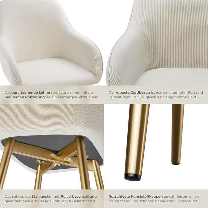 Тектейк® 4 шт. Крісла для їдальні/вітальні з підлокітниками, м'які, Cord, Loungesessel, для кухні, офісу - Кремовий/Золотий набір 4 шт.