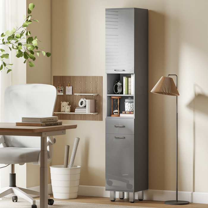 Шафа для ванної кімнати з полицями та висувним ящиком, регульована, сіра